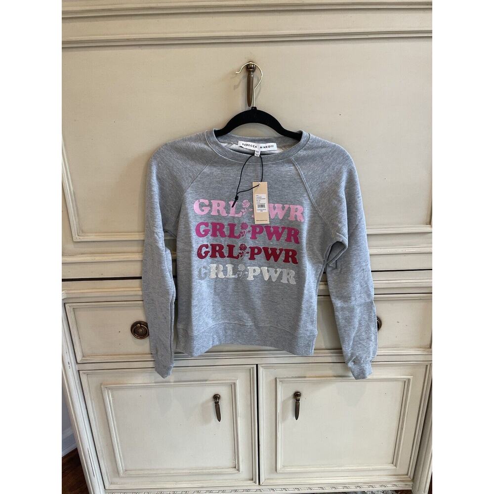 NWT $88 Rebecca Minkoff Girl Power Girl‎ Pwr Gray Pink Crew Neck Sweater XXS